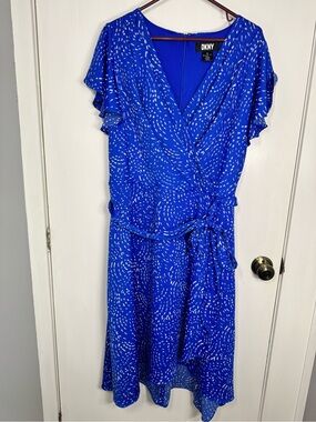 DKNY Royal Blue Midi Wrap Dress with White Dot Print